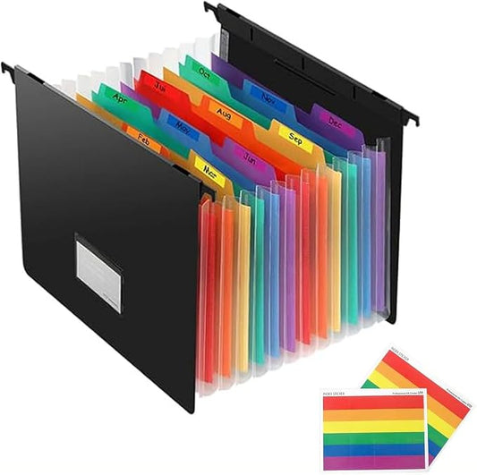 Expanding Hanging File Folders Extra Capacity Filing Folders 13 Accordion Pockets Accordian Plastic Heavy Duty Black Organizer File