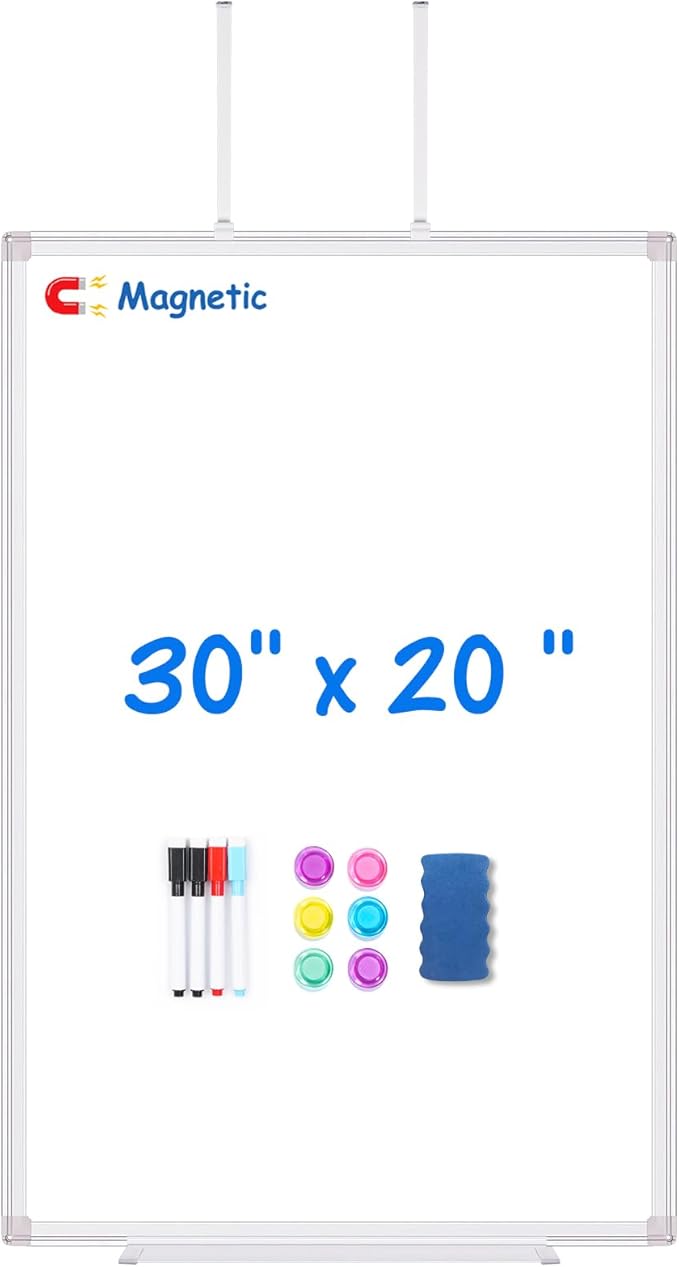 Magnetic Dry Erase Board for Doors, 30x20 Inch Whiteboard with Adjustable Long Arm Hook Mount - Easy to Install, Portable Hanging White Board for Home, Dorm Room, Office Cubicle & Small Spaces