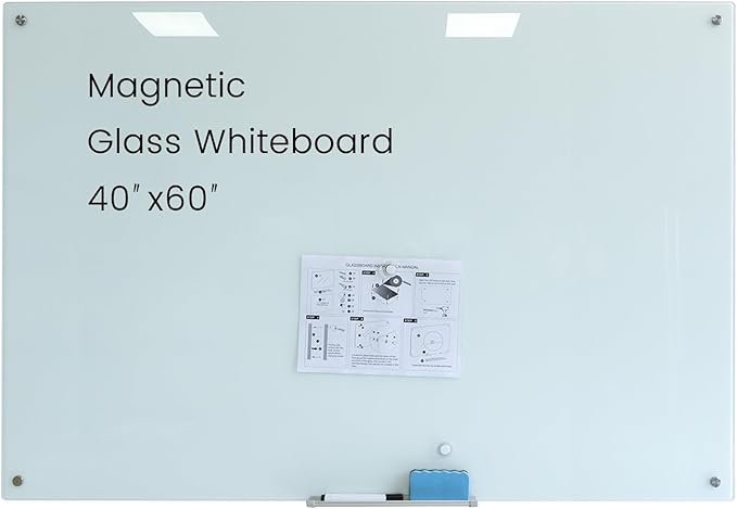 Glass Magnetic White Board – 60 x 40 Inches Dry Erase Whiteboard for Wall, Large Wall Mounted Glass Board for School, Office and Home