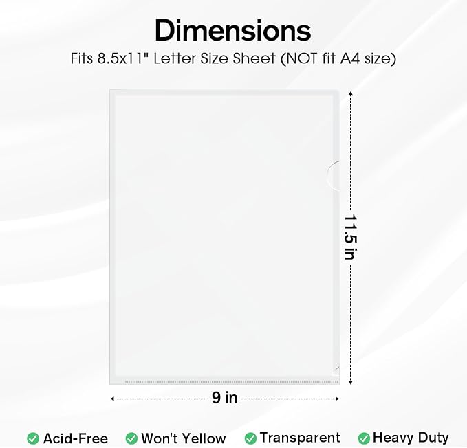 KTRIO Clear Document Folders Project Pockets for 8.5x11 Paper, 12 Pack | Heavy-Duty Clear Project Pockets, Transparent Letter Size Paper Sleeves, L-Shaped Thumb Notch Design, Acid-Free Poly Plastic