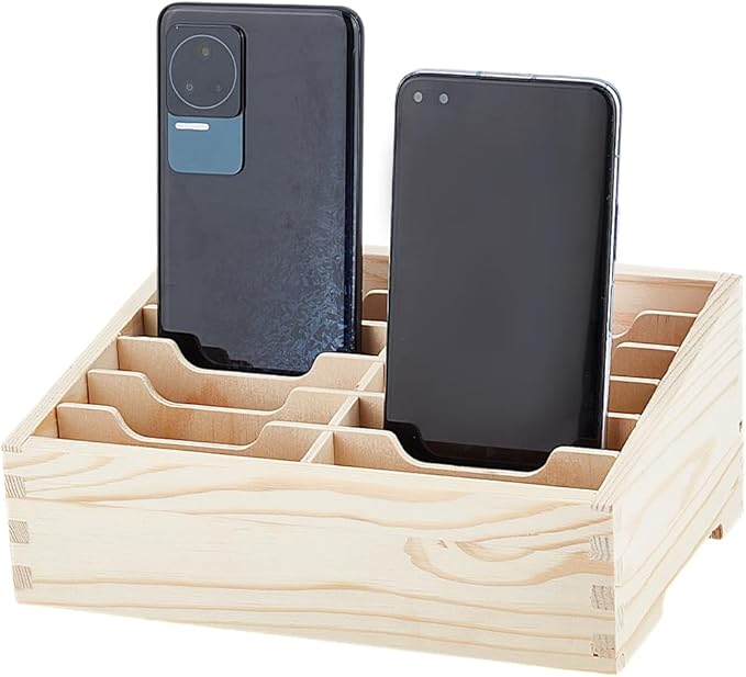 BENECREAT 12-Grid Wooden Cell Phone Holder, Multifunctional Mobile Phone Organiser, Desktop Organiser for Classroom Office Desktop Storage, Antique White