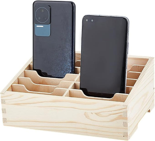 BENECREAT 12-Grid Wooden Cell Phone Holder, Multifunctional Mobile Phone Organiser, Desktop Organiser for Classroom Office Desktop Storage, Antique White