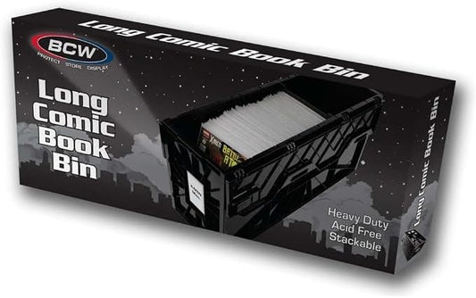 BCW Long Comic Book Bin - 2 Pack | Heavy Duty Comic Book Storage Box | Stackable Comic Bin Organizer for 300 Comics Each | Acid-Free Plastic Box with Divider & Label Slot