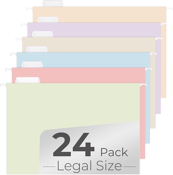 Y YOMA Legal Size - 24 Pack Colored Hanging File Folders Decorative Hanging Folder Cute Pretty File Folder for Filing Cabinet Office Home with 1/5-Cut Adjustable Tabs, Soft Color