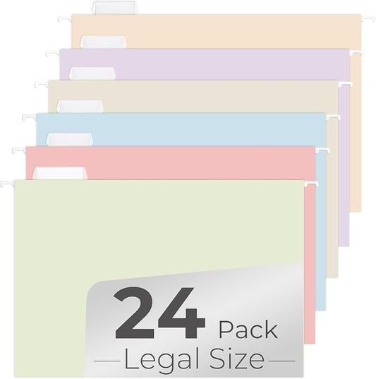 Y YOMA Legal Size - 24 Pack Colored Hanging File Folders Decorative Hanging Folder Cute Pretty File Folder for Filing Cabinet Office Home with 1/5-Cut Adjustable Tabs, Soft Color