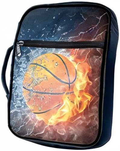 Coldinair Fire Water Basketball Print Bible Case for Men Boys Teens,Bible Cover Bags Carrying Book Case Church Bag Bible Protector with Handle and Zippered Pocket