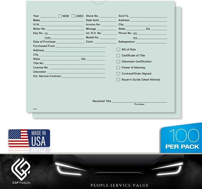 Printed Vehicle Deal Jackets Envelopes Folders for Auto Car Dealerships - 9x12 Size - Dealer Supplies - New and Used Cars - 100 Quantity (Green)