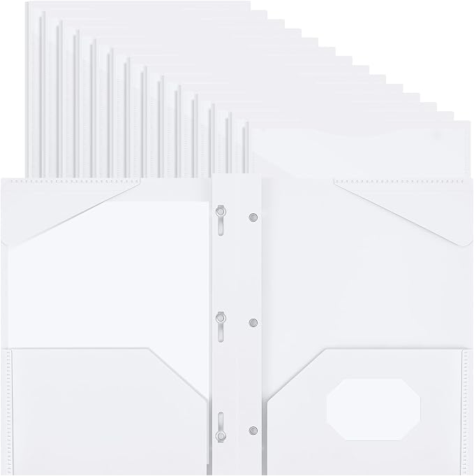 Henoyso 36 Pcs Plastic Folder with Clear Front Pocket and 3 Prong Plastic Folders with Card Slot Pocket Folders with Prongs for School Office (White)