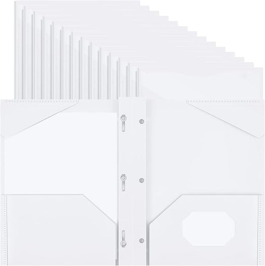 Henoyso 36 Pcs Plastic Folder with Clear Front Pocket and 3 Prong Plastic Folders with Card Slot Pocket Folders with Prongs for School Office (White)
