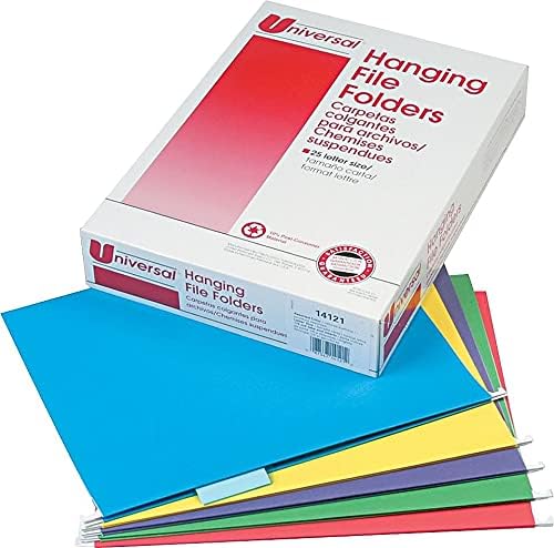 Universal 14121 Hanging File Folders, 1/5 Tab, 11 Point, Letter, Assorted Colors, 25/Box