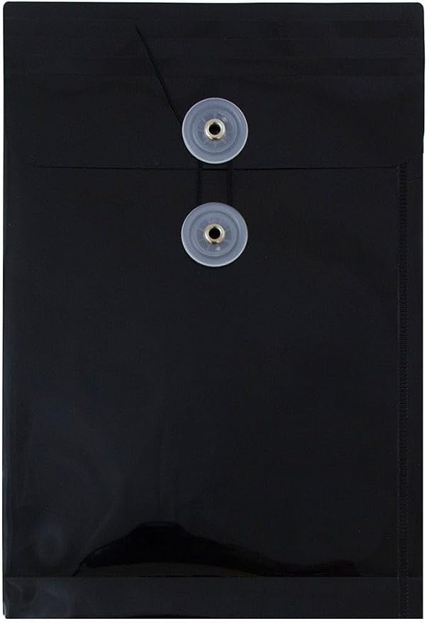 JAM PAPER Plastic Envelopes with Button & String Tie Closure - 6 1/4 x 9 1/4 - Black - 3/Pack