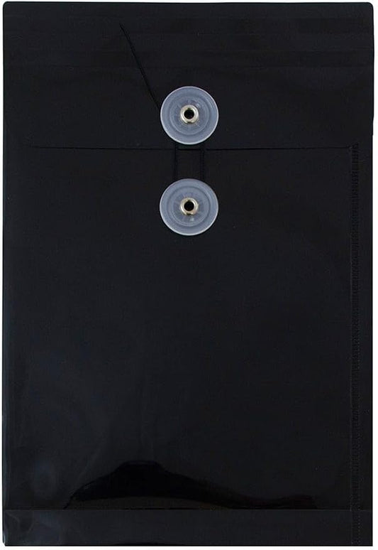 JAM PAPER Plastic Envelopes with Button & String Tie Closure - 6 1/4 x 9 1/4 - Black - 3/Pack
