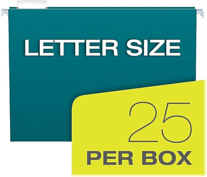 Pendaflex Recycled Hanging File Folders, 25 Pack, Letter Size (8.5" x 11"), Assorted Colors, 5 Tab Positions, Includes Tabs and Inserts, Eco-Friendly Hanging Files for Office and Document Organization
