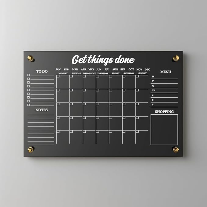 Custom Acrylic Wall Calendar – Personalized Dry Erase Monthly Planner with To-Do List, Menu & Shopping Section – Clear, Modern Office or Kitchen Organizer – Reusable, Writable, and Stylish