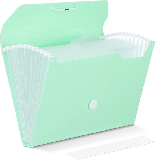 Comix Accordion File Organizer, 13 Pocket, Green | Expanding File Folder, A4/Letter Size Documents, Includes Labels, For Office, Home, School