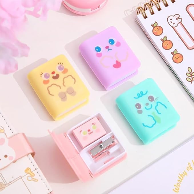 1Pc Multicolor Cute Dual Purpose Book Pencil Sharpener Eraser, Cute Cartoon Student Eraser Pencil Sharpener Writing and Correction Supplies