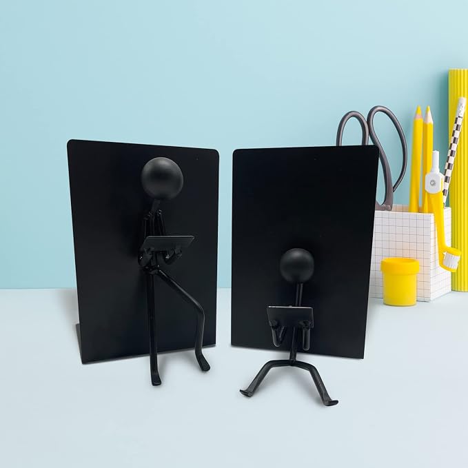 Ottimo Heavy Duty Metal Unique Office Desk Bookends for use as Bookshelf Decor, Home, Office or Kitchen Shelves. Unique, Cute and Decorative Book Stopper to Hold Books, Great Gift Idea (Black)