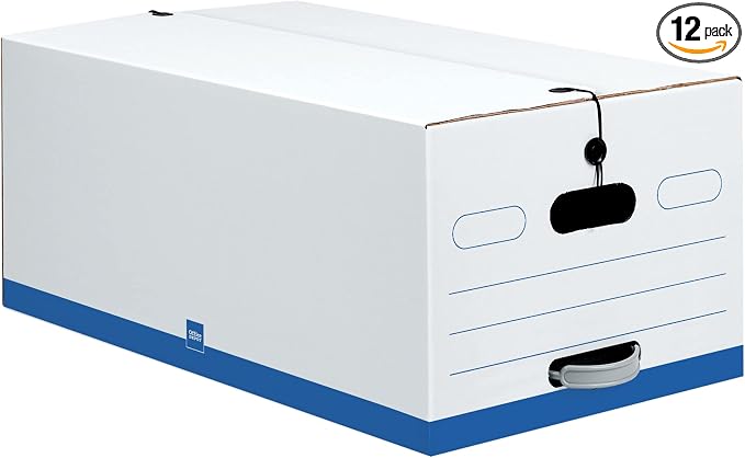 Office Depot® Brand Quick Set-Up Storage Boxes With String & Button Closure, Legal, 24" x 15" x 10", 60% Recycled, White/Blue, Pack Of 12