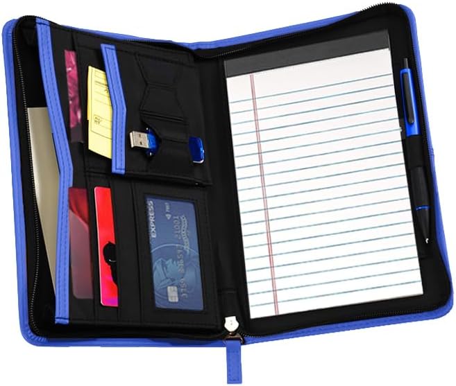 Lcjtop Junior Business Padfolio - A5 PU Leather Portfolio Binder & Zippered Binder Folder with 5 x 8 Writing Pad and Interior Storage Pocket Executive Business Organizer for Men Women,Royal Blue