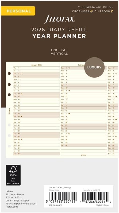 Filofax Calendar Diary Refill, Personal/Compact Size, Vertical Year Planner, Cotton Cream Paper, English, 2026 (C68408-26)