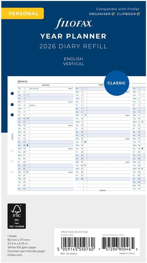 Filofax Calendar Diary Refill, Personal/Compact Size, Vertical Year Planner, White Paper, English, 2026 (C68402-26)