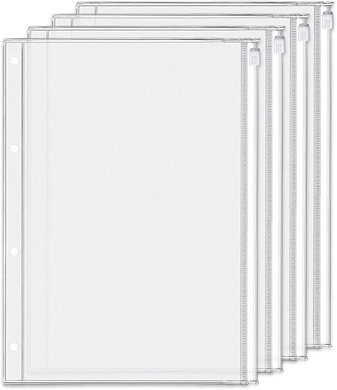 4 Pack A4 4 Holes Binder Zip Pockets Plastic Binder Zipper Folders Waterproof 4 Holes Zipper Loose Leaf Bags Zip Lock Envelope for Documents Notebooks Cards (Zip Pocket, A4)
