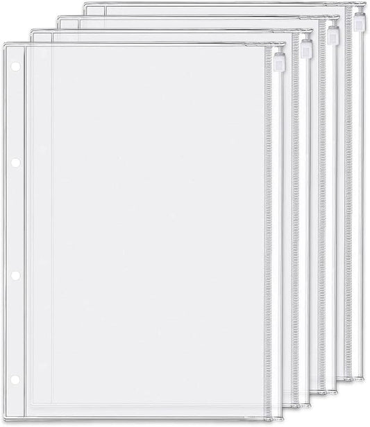 4 Pack A4 4 Holes Binder Zip Pockets Plastic Binder Zipper Folders Waterproof 4 Holes Zipper Loose Leaf Bags Zip Lock Envelope for Documents Notebooks Cards (Zip Pocket, A4)