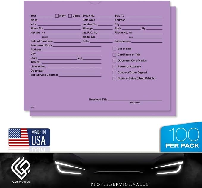 Printed Vehicle Deal Jackets Envelopes Folders for Auto Car Dealerships - 9x12 Size - Dealer Supplies - New and Used Cars - 100 Quantity (Lavender)
