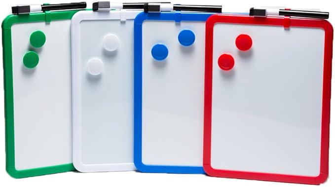 Charles Leonard Magnetic Dry Erase Boards - 8.5 x 11" Mini Whiteboards for Home, Office - Pack of 4 Personal White Board Sets Each Include Marker/Eraser & 2 Magnets - Assorted Colors (35204)