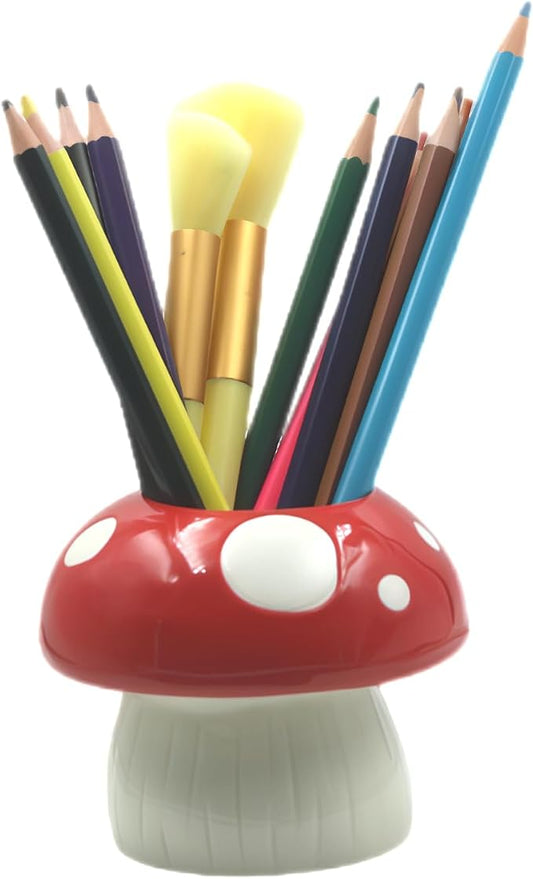 Adorable Cartoons Shaped Ceramic Pencil Holders - Multifunctional Desktop Organizers (Red Mushroom)