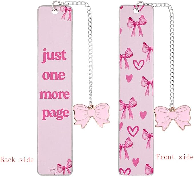 Pink Bowknot Stainless Steel Bookmark - Printed with Cute Bowknot Patterns & Equipped with Heart Pendants, Ideal for Female Readers, Perfect Birthday Gift for Girlfriends (Double-Sided D)