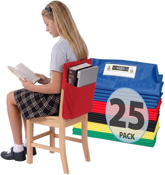 Seat Sack Student Chair Storage Pocket - 19", Classroom Chair Organizer for Student Desks, Durable Over-the-Chair Storage, Multi-Color, 25-Pack