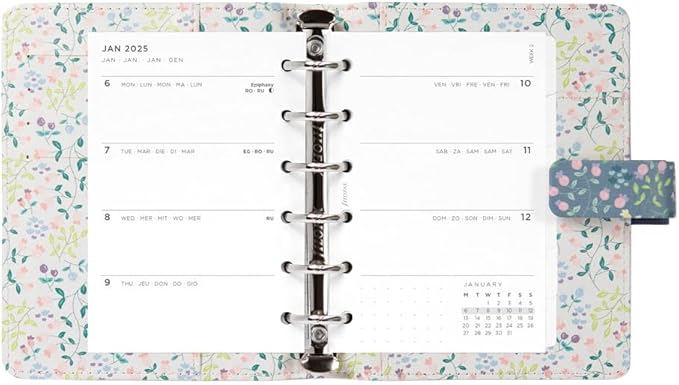 Filofax Meadow Organizer, Pocket Size, Blue - Smooth, Leather-Look, Six Rings, Week-to-View Calendar Diary, Multilingual, 2025 (C021702-25)