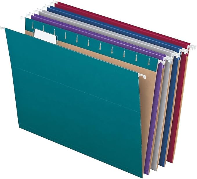 Pendaflex Recycled Hanging File Folders, 25 Pack, Letter Size (8.5" x 11"), Assorted Colors, 5 Tab Positions, Includes Tabs and Inserts, Eco-Friendly Hanging Files for Office and Document Organization