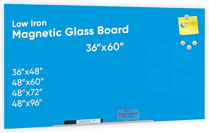Magnetic Dry Erase Glass Board 36"x60", Blue Frameless Surface Glass Board with Eased Corners - Includes Magnets, Marker, Eraser, Marker Tray by Fab Glass and Mirror