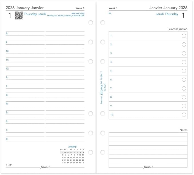 Filofax Calendar Diary Refill, Personal/Compact Size, Day on Two Pages with Appointments, White Paper, Bilingual, 2026 (C68417-26)