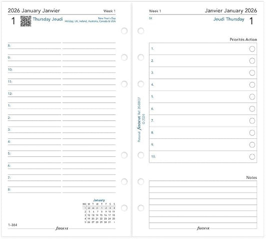 Filofax Calendar Diary Refill, Personal/Compact Size, Day on Two Pages with Appointments, White Paper, Bilingual, 2026 (C68417-26)