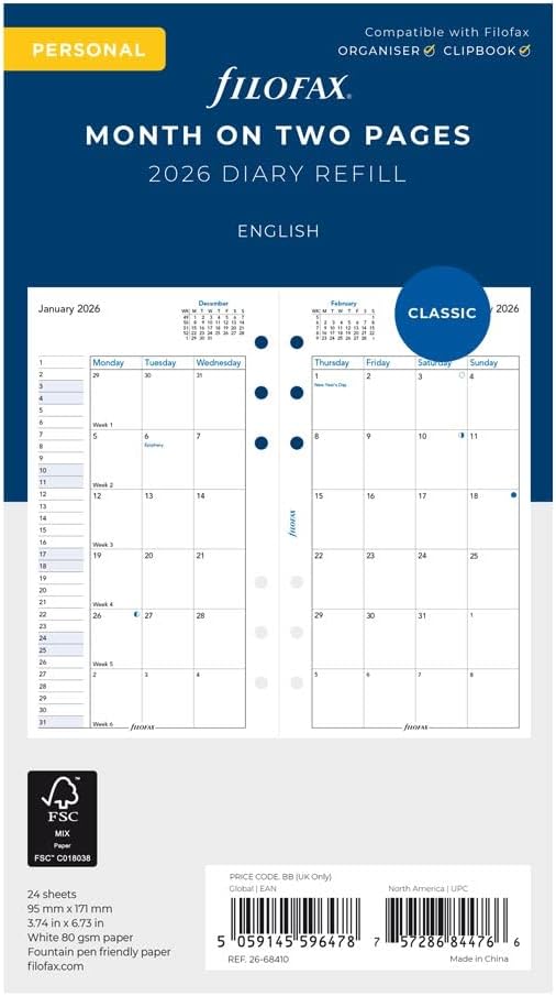 Filofax Calendar Diary Refill, Personal/Compact Size, Month-to-View, White Paper, English, 2026 (C68410-26)