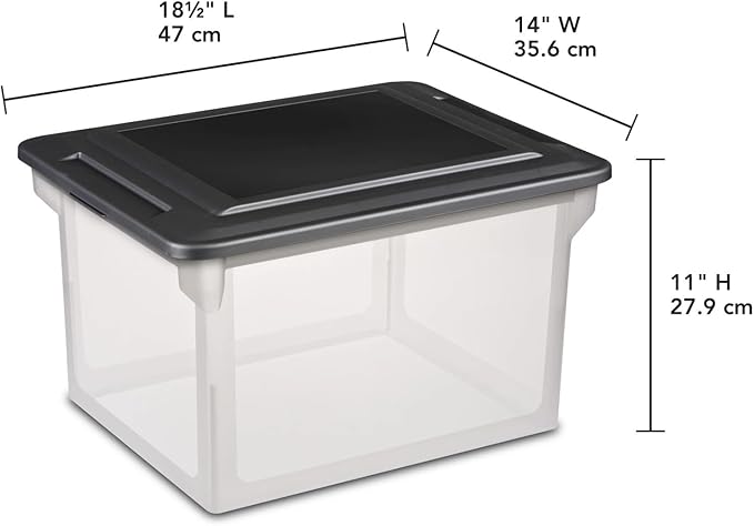 File Box, Clear Plastic Bin with Black Lid, Letter or Legal-Sized File Storage