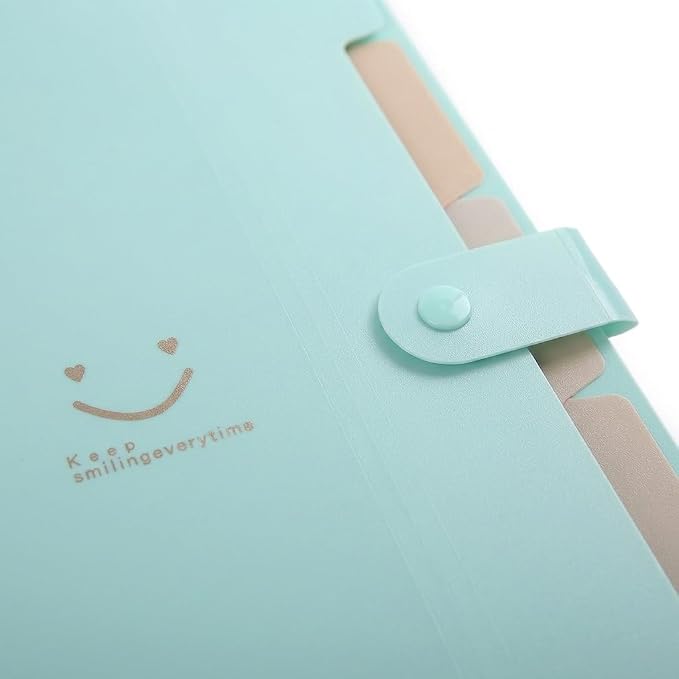 Smile face Expanding File Folder, 5 Pockets Plastic Document Organizer, A4 Letter Size Accordion Folder with Snap Closure, Portable Durable Paper Organizer for Home Office School (Green)