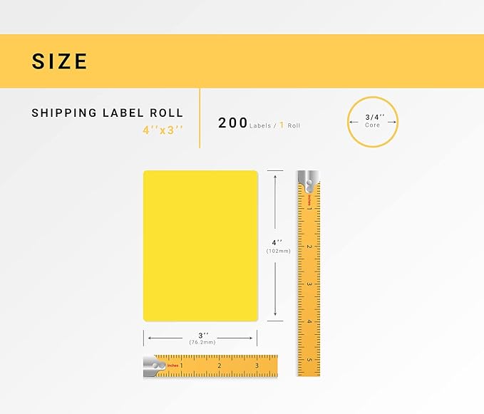 HOUSELABELS 4" x 3" Yellow Shipping Labels on 0.75" Core Compatible with Zebra and Rollo Printers, 62 Rolls / 200 Labels per Roll