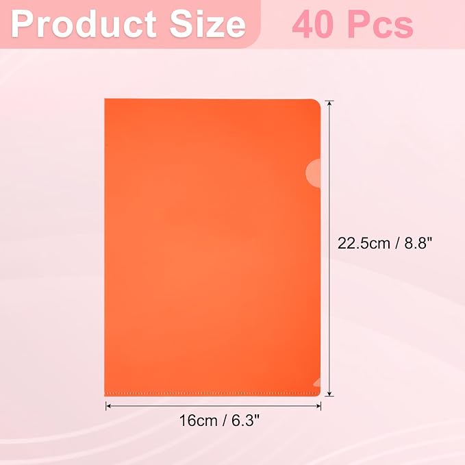 PATIKIL A5 Plastic Folders, 40 Pack Clear Folders L Type Project Pockets Paper Document Jacket Sleeves L Shaped Transparent for Documents Plastic Office File, 6.3x8.8in, Orange