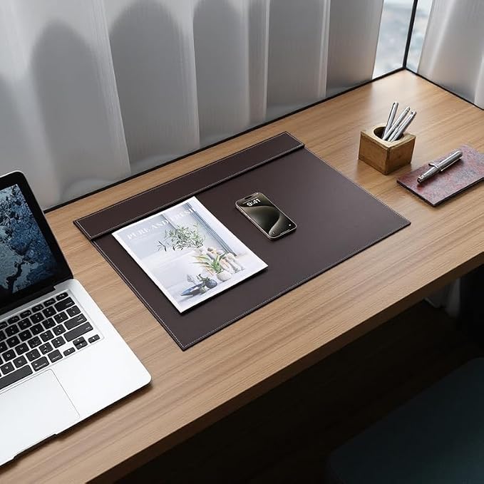 KINGFOM Ultra-Smooth PU Leather Desk Pad & Mat Office Desk Drawing & Writing Board A3/ A4 File Paper Clip Table Protector Mat on Top Large 24''x18'' (Brown)