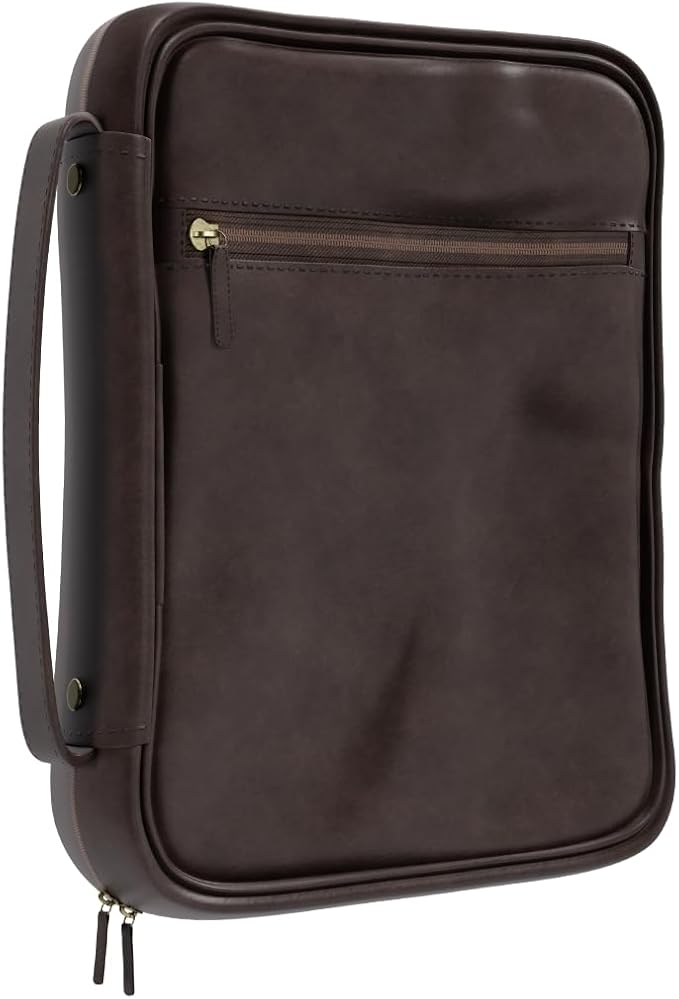 Leather Bible Cover Case - Premium Bible Cover for Men Featuring Soft Suede Lining & Multiple Pockets - Secure Carry Handle & Bookmark Ribbon - Essential Mens Bible Case for Daily Devotion