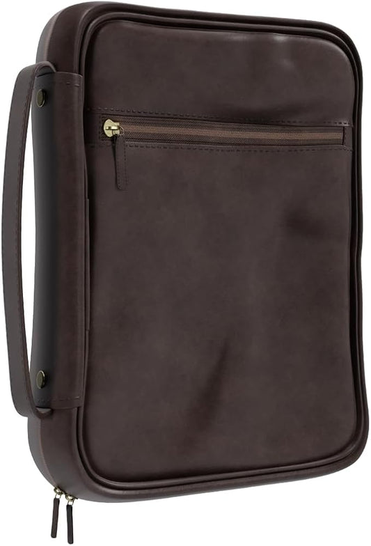 Leather Bible Cover Case - Premium Bible Cover for Men Featuring Soft Suede Lining & Multiple Pockets - Secure Carry Handle & Bookmark Ribbon - Essential Mens Bible Case for Daily Devotion