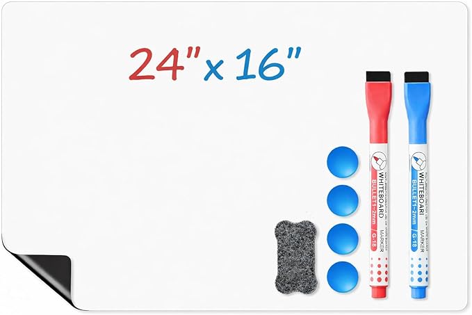 Magnetic Whiteboard for Fridge, 24" x 16" Dry Erase Board Set with Markers & Eraser, Strong Magnet & Stain-Resistant Surface, Fridge Calendar for Notes, Grocery List, Meal Planning & Family Schedule