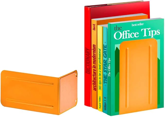Acrimet Bookends for Shelves, Non-Skid Book Holder, Heavy Duty Book Stopper, Steel Metal Book Ends Storage for Home, Library, 6 7/8" H x 4" W x 4 1/2" D (Orange) (1 Pair / 2 Pieces)