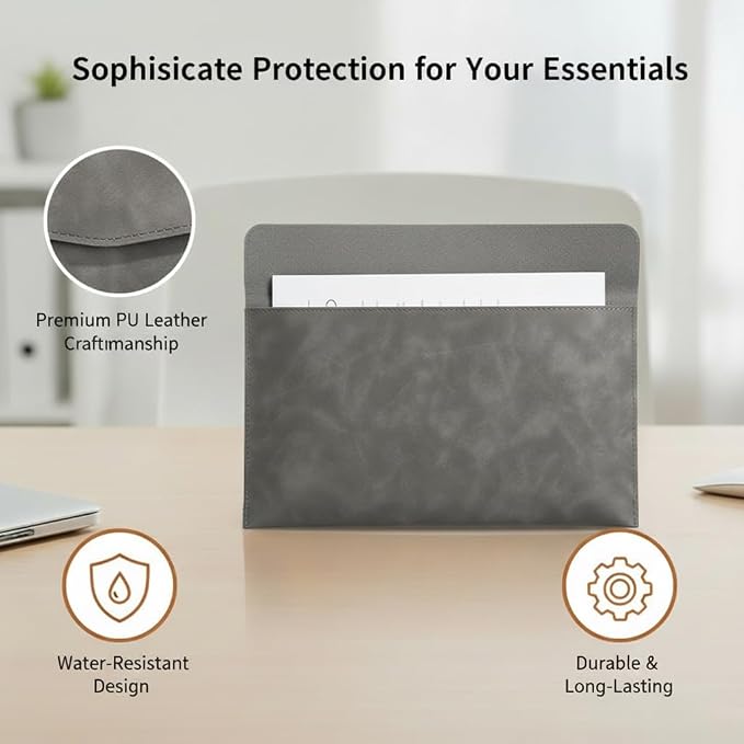 Leather Document Pouch A4 File Folder - Square Flap Document Holde Reusable Filling Envelopes - Thickened Snap-Closure Waterproof Business Organizer (1 Pc – Grey)