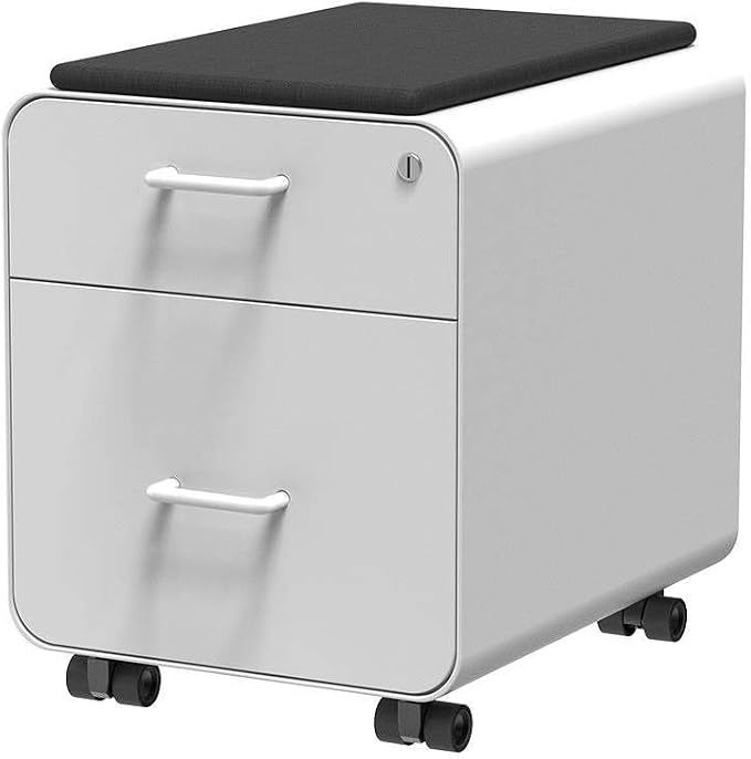 Monoprice Round Corner 2-Drawer File Cabinet - White, Lockable with Seat Cushion - Workstream Collection (137881)