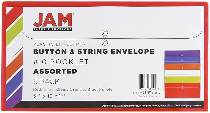 JAM PAPER Plastic Envelopes with Button & String Tie Closure - #10 Business Booklet - 5 1/4 x 10 - Assorted Colors - 6/pack